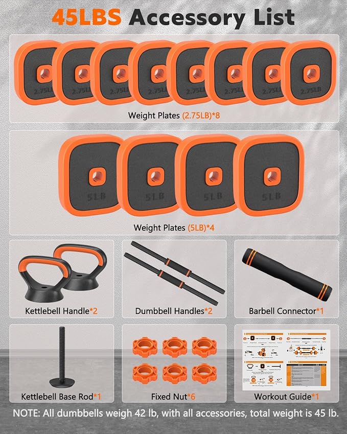 Rendpas 4-in-1 Adjustable Dumbbell Set with Foldable Bench for Home Gym | 800LB Capacity, 10 Angles Incline, Convert to Barbell, Kettlebell, Push-Up Stand
