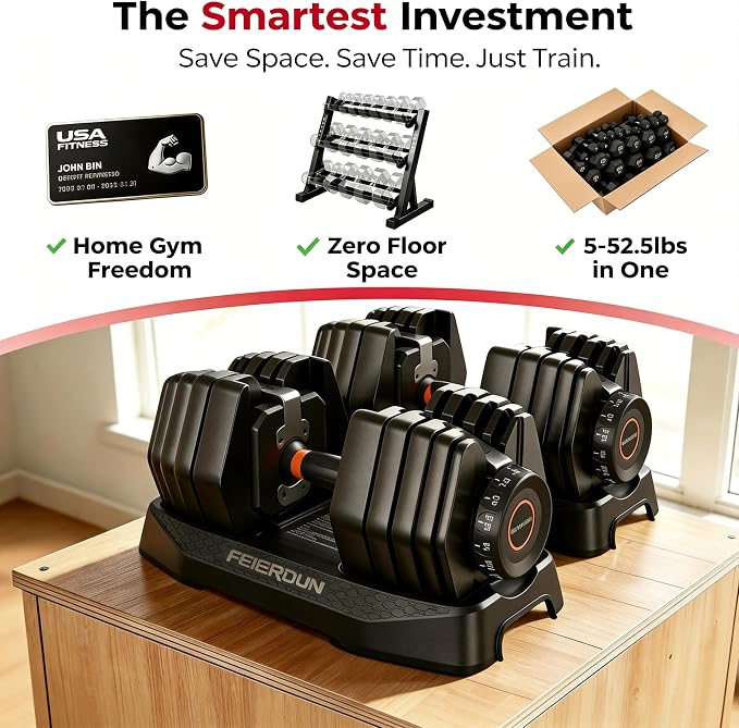 FEIERDUN DB1 QuickDial Adjustable Dumbbell Set, 15-in-1 Adjustable Weights with Storage Box & App, 105lb/52.5lb Quick Change for Drop Set, Superset & HIIT Home Gym, Non-Slip Handles, 3-year Aftersale Service