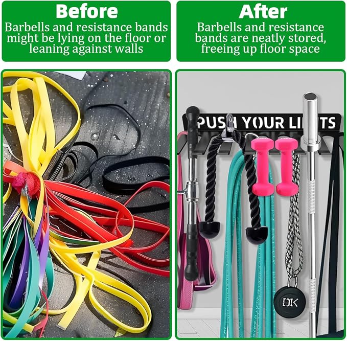 Home Gym Accessories Organization Storage Rack Equipment For Home 8 Hook Wall Hanger Display Gear Barbells Resistance Bands Jump Ropes Lifting Belt Hanger Accessories Hardware Included