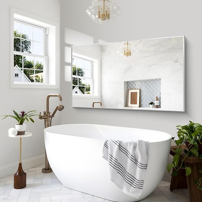 BONEWEI Silver Bathroom Mirror,60x36 inch Wall Mirror for Bathroom Wall Mounted,Large Rectangle Mirror for Bathroom Over Sink,Modern Metal Frame for Living Room,Bedroom Entryway,Horizontal/Vertical