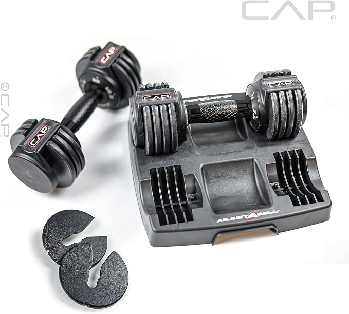 CAP ADJUSTABELL Adjustable Dumbbell Set, Premium Quick Select Adjustable Weights for Strength Training, Singles & Pairs, 12.5 LB, 25 LB & 55 LB, Round & Hex Dumbbells, Multiple Grip Handle Options