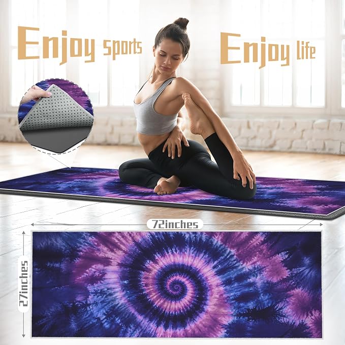Yoga Mat Towel Non Slip Ultra-Absorbent Hot Yoga Towel, Super Stylish Printed Sweat Hot Yoga Towel, Ideal for Home, Workouts, Pilates, Yoga, 72 x 27in, Purple & Black Tie Dye