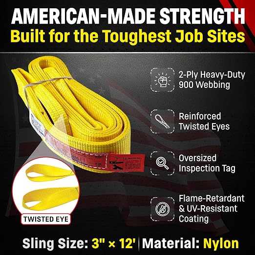 DD Sling 3" × 12' Nylon Lifting Sling – USA Made, 8,900 lb Vertical, 7,200 lb Choker, 17,800 lb Basket – 2-Ply Heavy Duty 900 Webbing, Type 4 Twisted Eye & Eye Rigging Sling