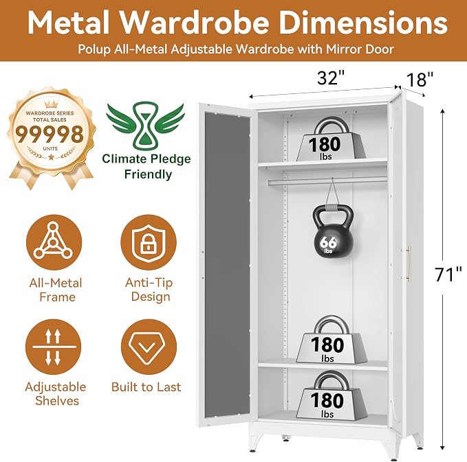 Polup Metal Armoire Wardrobe Closet with Mirror, Clothing Storage Cabinet | 71" Heavy Duty Steel Wardrobe Cabinet with Hanging Rod & Adjustable Shelves for Bedroom, Office, Clothes Organizer, White