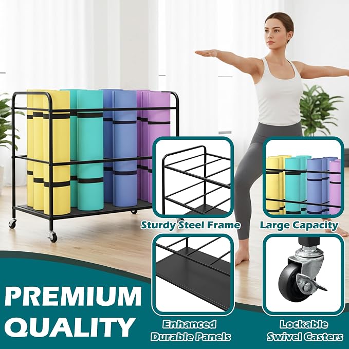 Yoga Mat Rack Storage Basket with Wheels,All-in-One Organizer for Yoga Mat Holder,Home Gym Equipment Storage Cart for Dumbbells, Kettlebells and Foam Rollers