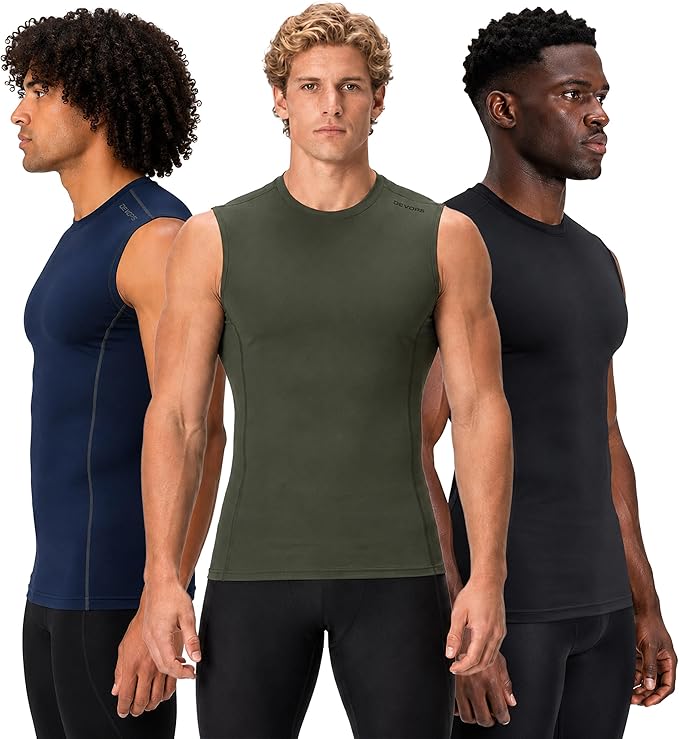 DEVOPS 3 Pack Men's Compression Shirts Sleeveless Tank Top Baselayer | Gym Training, Running, Moisture Wicking, Compression Fit, 4-Way Stretch, UPF 50+, Sleeveless