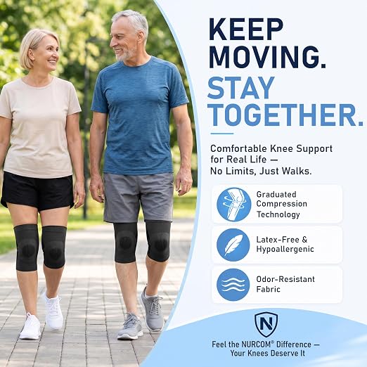 NURCOM Knee Brace, 8-Zone Compression Sleeve, Black L | For Meniscus Tear, Arthritis, Acl, Mcl, Tendonitis & Joint Pain Relief, Running, Workouts, Recovery, Pair Pack, Men & Women