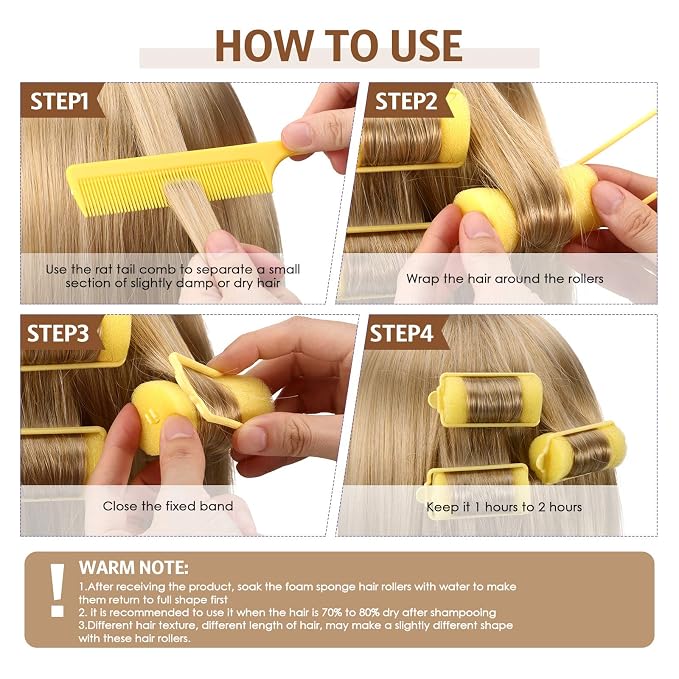 Syhood 48 Pcs Foam Hair Rollers for Overnight Styling Flexible Sponge Heatless Curlers and Rat Tail Comb for Short/long Hairs Women Hairdressing Styling(Yellow,1.18 inch)