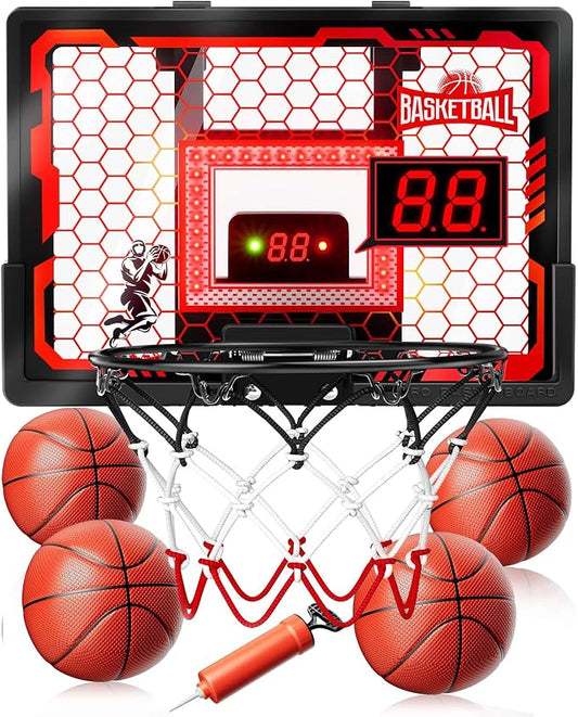 Indoor Basketball Hoop Pro for Kids, Over The Door Basketball Hoop Indoor with LED Light/Scoreboard/4 Balls- Upgraded Anti-Impact Backboard, Basketball Toys Gifts for 6 7 8 9 10 11 12 Year Old Boys