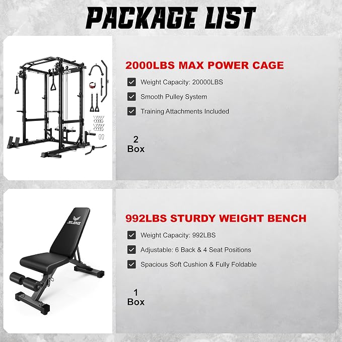 JELENS C12 Power Rack, 2000LBS Squat Rack with Cable Crossover System, Workout Cage with More Training Attachments for Home Gym
