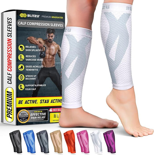 BLITZU Calf Compression Sleeves, Footless Compression Socks for Men & Women | Leg Support Brace, Shin Splint Pain Relief, Reduce Varicose Vein Swelling, Muscle Recovery, Running, Nursing, Fitness, Travel