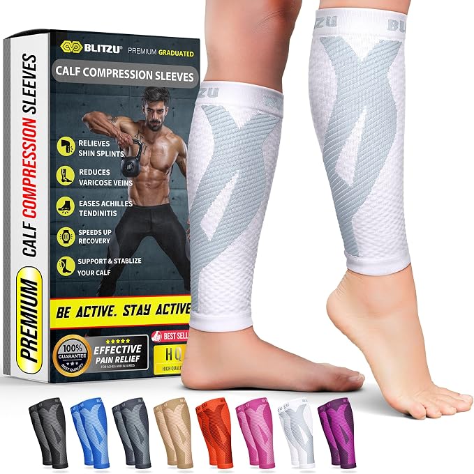 BLITZU Calf Compression Sleeves, Footless Compression Socks for Men & Women | Leg Support Brace, Shin Splint Pain Relief, Reduce Varicose Vein Swelling, Muscle Recovery, Running, Nursing, Fitness, Travel