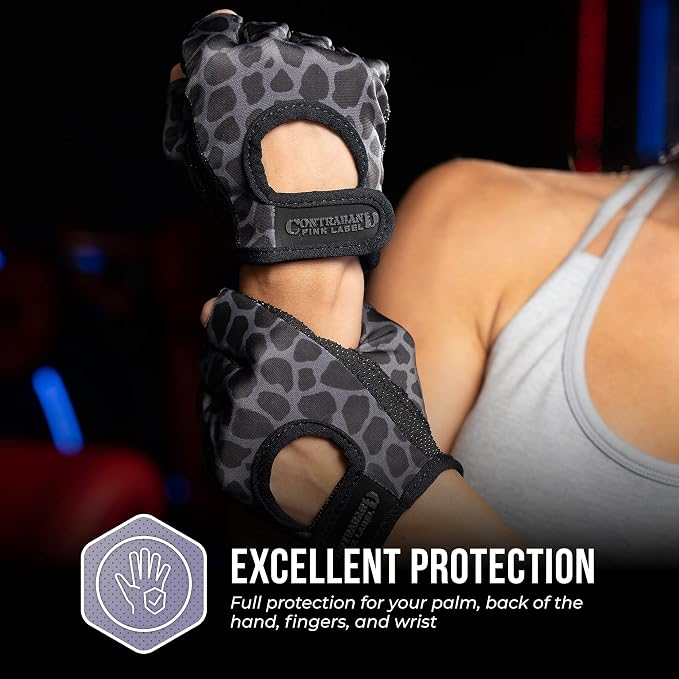Contraband Pink Label 5297 Womens Design Series Leopard Print Lifting & Rowing Gloves (Pair) - Lightweight Vegan Medium Padded Microfiber Amara Leather w/Griplock Silicone