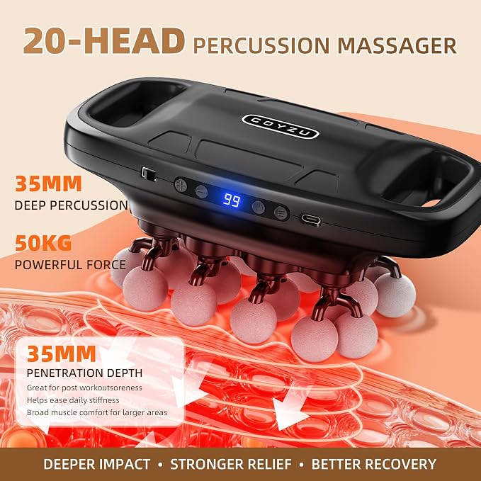 Muscle Massage Gun, Percussion Multiple Head for Shoulder Pain Relief | 20 Head Deep Tissue, 3 Modes & 99 Levels, Quiet, Portable for Back Neck Legs & Arms, Full Body Relaxing Gifts for Mom