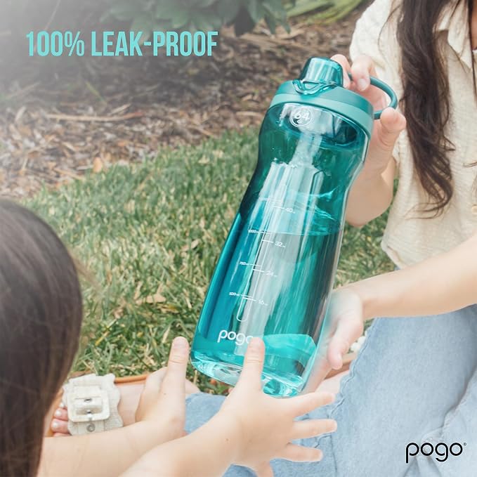 Pogo 64oz Plastic Water Bottle with Chug Lid and Carry Loop, Blue | Leakproof water bottle with chug lid and capacity markings. BPA-free, great for travel, school, outdoors, and gym.