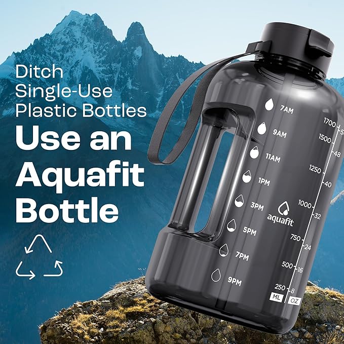 AQUAFIT Half Gallon Water Bottle with Time Marker | BPA Free Half Gallon Water Bottle with Straw and Chug Lids - Leakproof Gym Water Bottle with Carry Handle (Aqua)