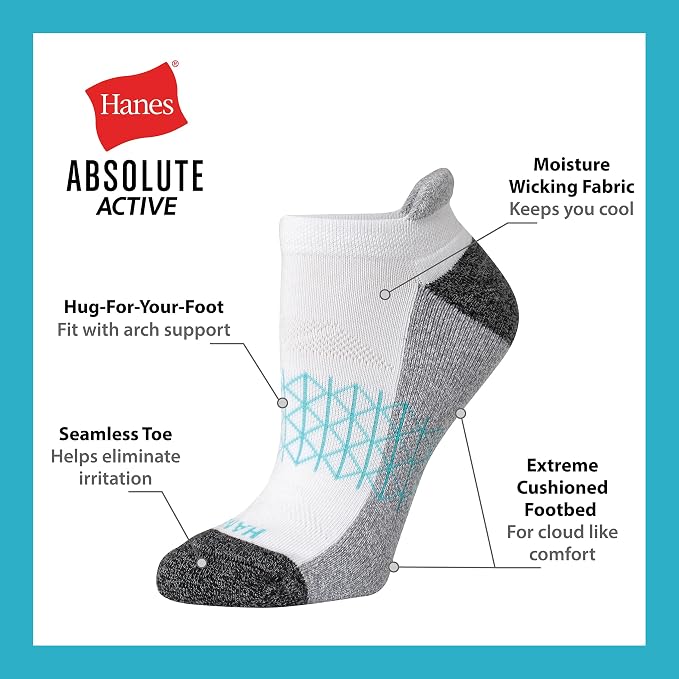 Hanes Women's Socks, 4-pack, Absolute Active Cushioned Moisture-wicking Best Women's Socks, Crew, Ankle and No Show