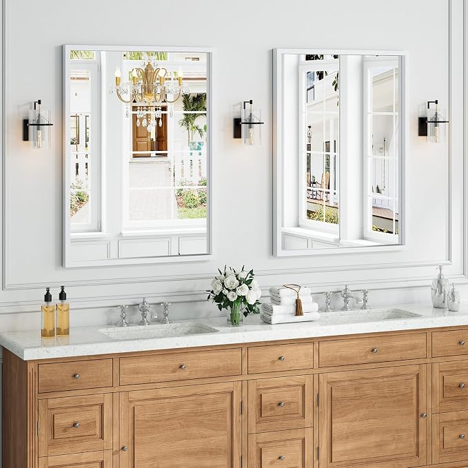 Syndra White Wood Frame Bathroom Mirror, 30''x40'' Modern Vanity Mirror for Wall, Waterproof Slim Deep Frame, Rectangular HD Tempered Glass Mirror for Living Room, Bedroom, Entryway, Rustic, Farmhouse