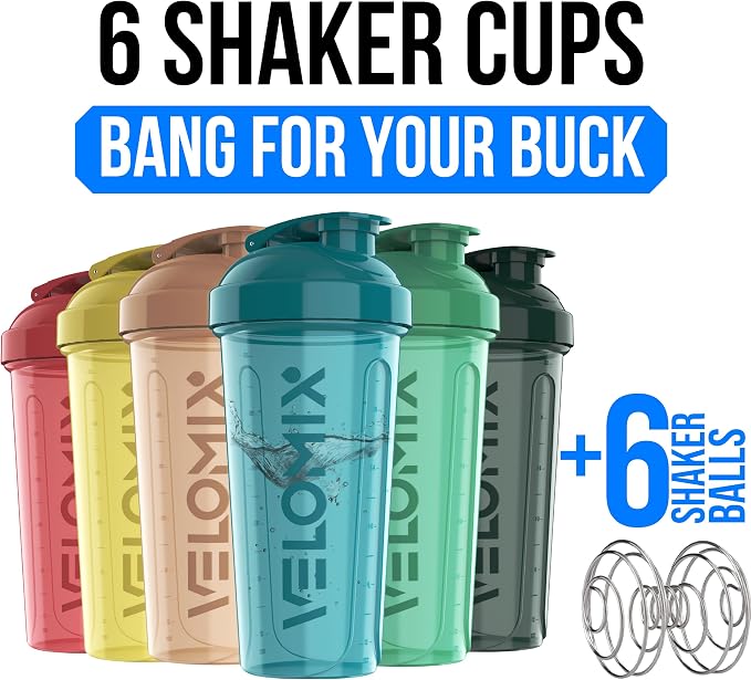 VELOMIX 6 Pack 28oz Protein Shaker Bottle for Protein Mixes, Hawai Shadows | 6x Wire Whisk, Leak Proof Shaker Cups for Protein Shakes, Stackable, Dishwasher safe, BPA free, Pre Workout and Fitness ready