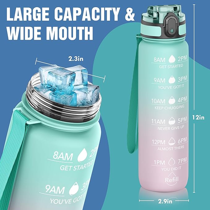 OLDLEY Water Bottle, 32oz Motivational Sports Water Bottle with Time Marker - Times to Drink - Tritan, BPA Free, Wide Mouth Leakproof,Bubble Gum