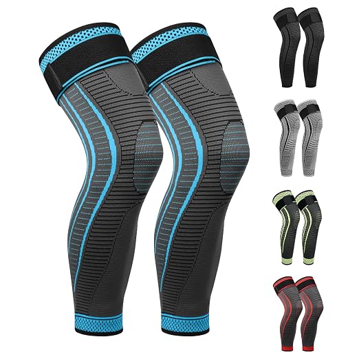 Full Leg Compression Sleeves 2 Pack anti Sliping Ventilation Long Knee Support with Wraps for Men and Women Long Knee Compression Sleeve for ACJ, PCL, Meniscus Tear, Arthritis (XXL, Blue)
