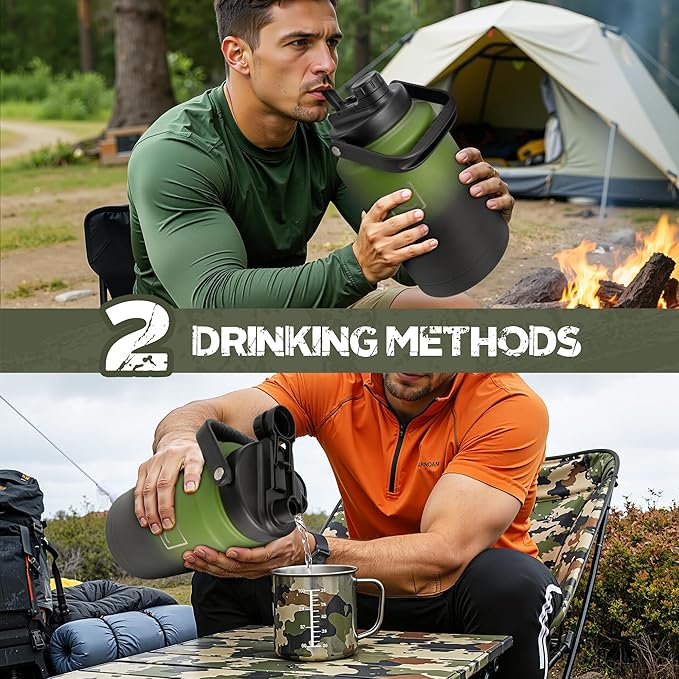 NATURE PIONEOR 128oz/1 Gallon Tactical Water Bottle with MOLLE Bottle Pouch | 18/8 Food-grade Stainless Steel, Double Vacuum Insulation, Wide-Mouth, Straw & Spout Lid, Strap, Camping, Hiking, Gym, Work