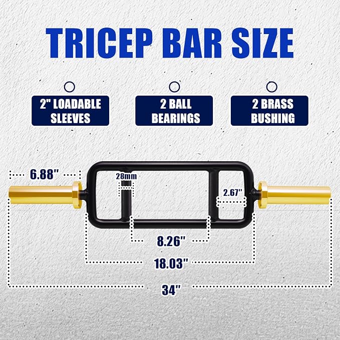 34” Hard Chrome Olympic Triceps Bar, 500LB | Neutral grip weight bar with knurled handles, rotating sleeves, 6.88-inch loadable length, and 2-inch plate fit