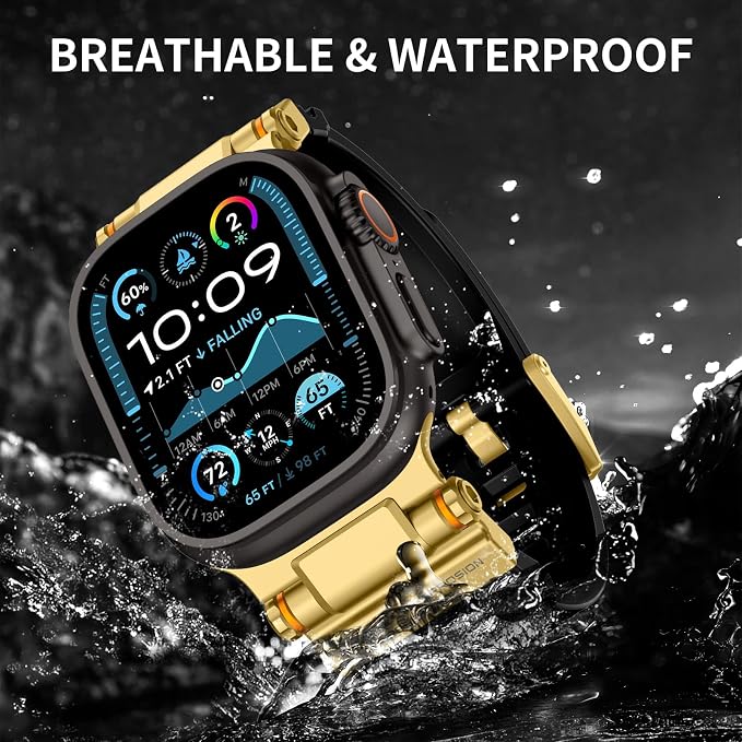 Band Compatible with Apple Watch Ultra 3/2/1 Band 49/46/45/44mm | Metal Connector with Silicone Rugged Strap for iWatch Ultra Series 11/10/9/8/7/6/SE3/SE2/SE/5/4/3/2/1, Gold Black