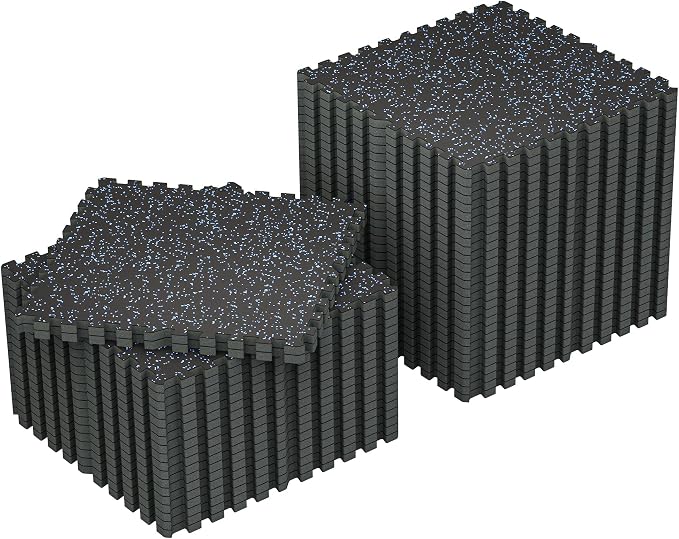 SUPERJARE 1" Extra-Thick Rubber Top Exercise Mat, Puzzle Gym Flooring for Home Gym, Gym Mat for Workout Equipment, Interlocking Floor Tiles with EVA Foam, 48 Pcs 192 Sq Ft, Black/Blue