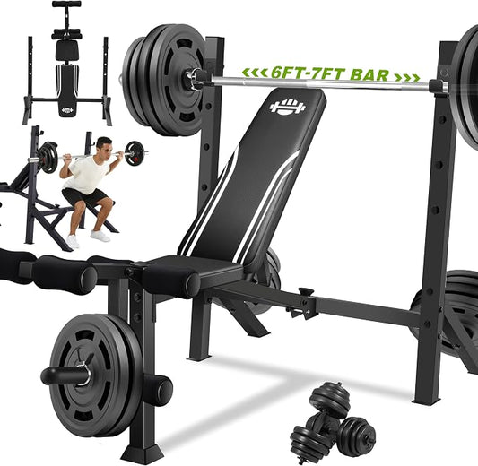 ANCHEER 900LBS Olympic Weight Bench Set with Squat Rack Adjustable Bench Press Bench with Leg Extension & Leg Curl, Incline Decline Flat Foldable Workout Bench for Home Gym(US Stock)