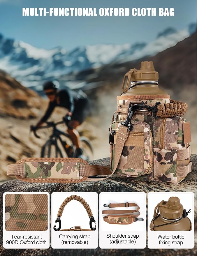 Tactical Half Gallon Water Bottle with Straw, 64 Oz Insulated Water Jug with Molle Water Bottle Holder, Stainless Steel Sport Bottle with 3 BPA Free Lids for Gym Workout Hiking (64oz-Brown)
