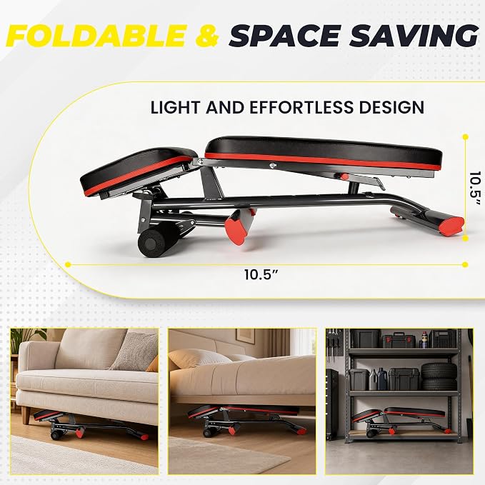 HULKFIT Adjustable Folding Weight Bench, Heavy Duty Workout Bench with Multiple Backrest Positions, Stable Incline Decline Flat Exercise Bench for Full Body Strength Training at Home Gym