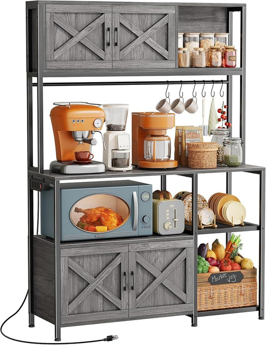 Huuger Large Bakers Rack with Power Outlet, Kitchen Microwave Stand with Cabinets, Coffee Bar Table Station with Storage, 6 S-Shaped Hooks, Mesh Shelves, 45 Inch Wooden Top, Grey