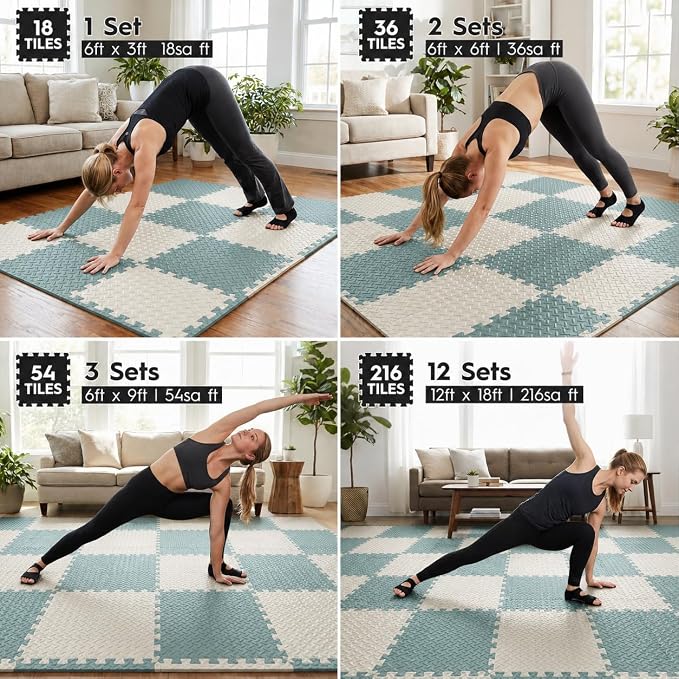 18pcs Puzzle Exercise Mat, 12.6"x12.6"x0.4", 18sqft EVA Interlocking Foam Floor Tiles, Protective, Water-Resistant Flooring for Home Gym & Workout Equipment