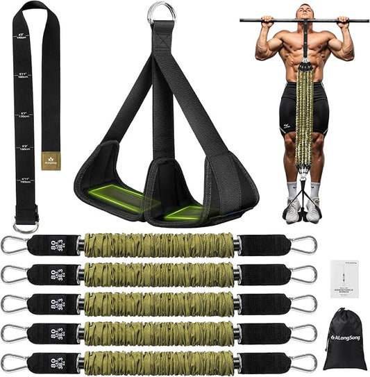 ALongSong Pull Up Assistance Bands with Foot Support Pedal - Upgraded Heavy Duty Resistance Bands Adjustable Weight/Height with 80Lbs Bands&Measured Strap for Strength Training Home Gym