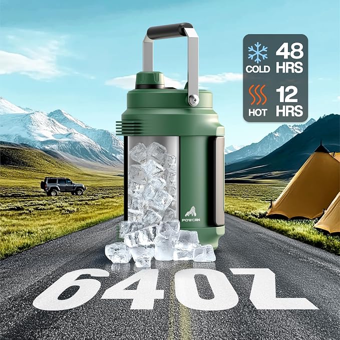64oz Insulated Water Bottle for Outdoors: 2-in-1 Straw Spout Lid, Dual Handle, Leakproof, Keep Cold 48H, Half Gallon Stainless Steel Water Jug for Sports, Camping, Gym, Work, Beach, Fishing (Forest)