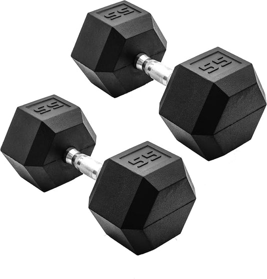 CAP Rubber Coated Dumbbell Weights, Free Weights for Home Gym Strength Training, Anti-Roll Hex Dumbbells with Black, Chrome & Comfort Grip Handles, Pairs & Sets