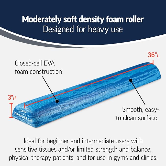 OPTP PRO-Roller Soft Density Foam Roller – Half-Round, Blue, 36"L x 3"H | Low density soft foam roller for physical therapy, Pilates, yoga foam roll exercises, and muscle recovery, Half-round