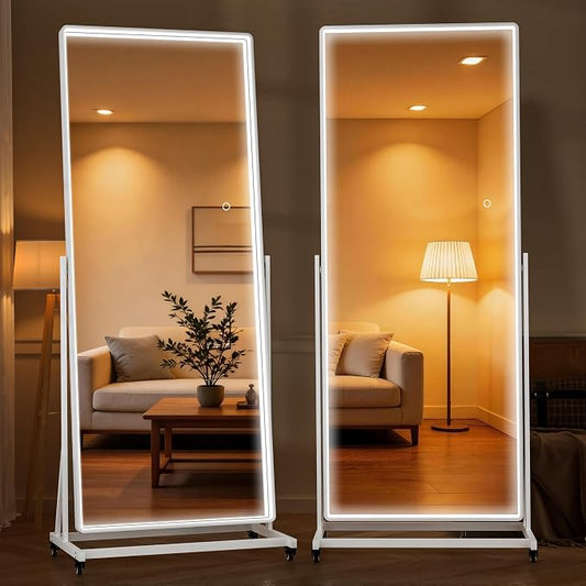 Full-body Rolling Mirror with LED Lights and Wheels, 77" x 26" Home Gym Mirrors with 360° Rotation, Dimmable & 3 Color Lighting Cloakroom, Tempered Glass & Metal Frame, Use for Bedroom, Dance Studio