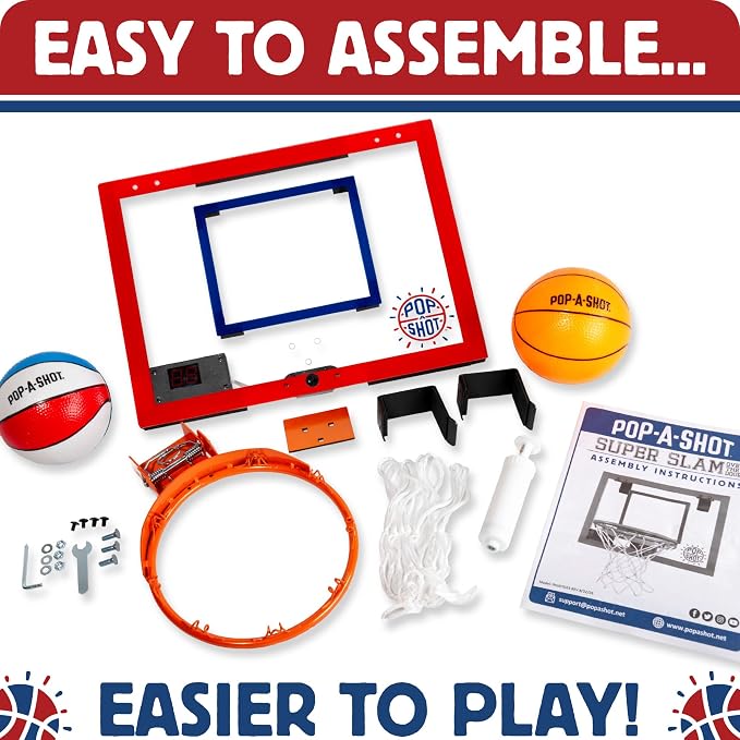 Pop-A-Shot Super Slam | Over the Door Mini Basketball Hoop Built for Dunks | Indoor Over-the-Door Mini Hoop with Electronic Scoreboard, Built for Dunks in Bedrooms & Game Rooms with a Spring-loaded Rim