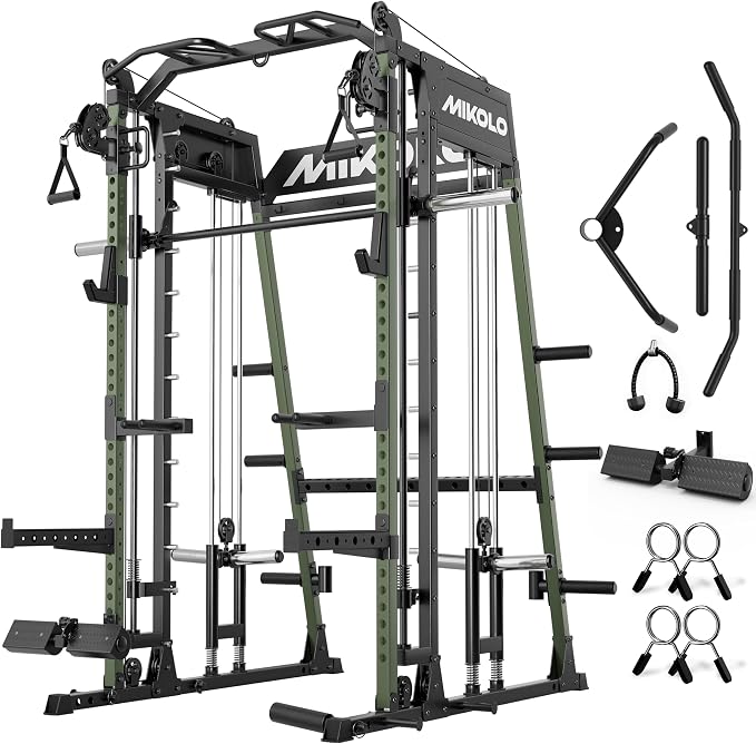 Mikolo M4 2.0 Smith Machine, 2200lbs Squat Rack with LAT-Pull Down System & Cable Crossover Machine, Training Equipment with Leg Hold-Down Attachment