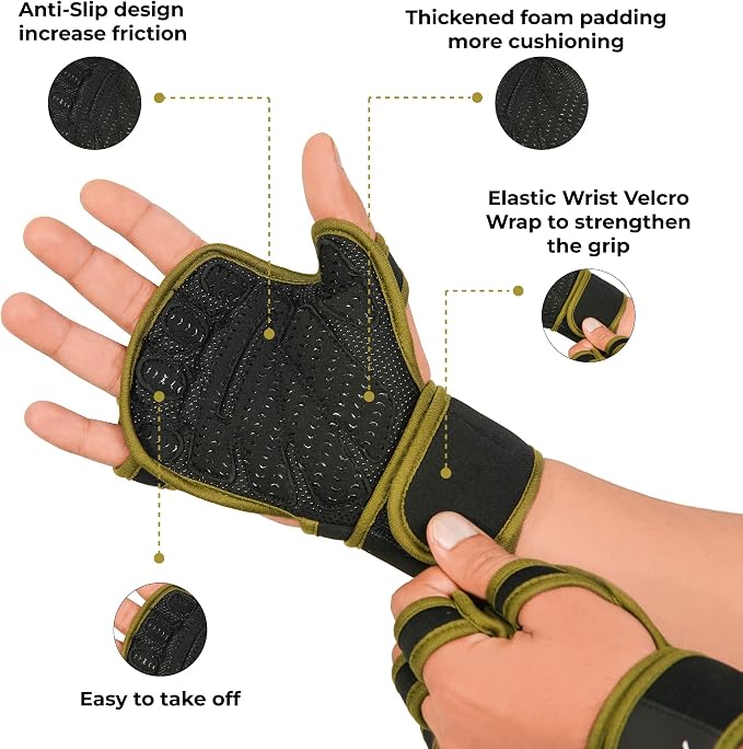 Gym Workout Gloves for Women and Men | Silicone grip fingerless, open back vents, neoprene, non-slip, palm, thumb protection for cross training, pull ups, cycling