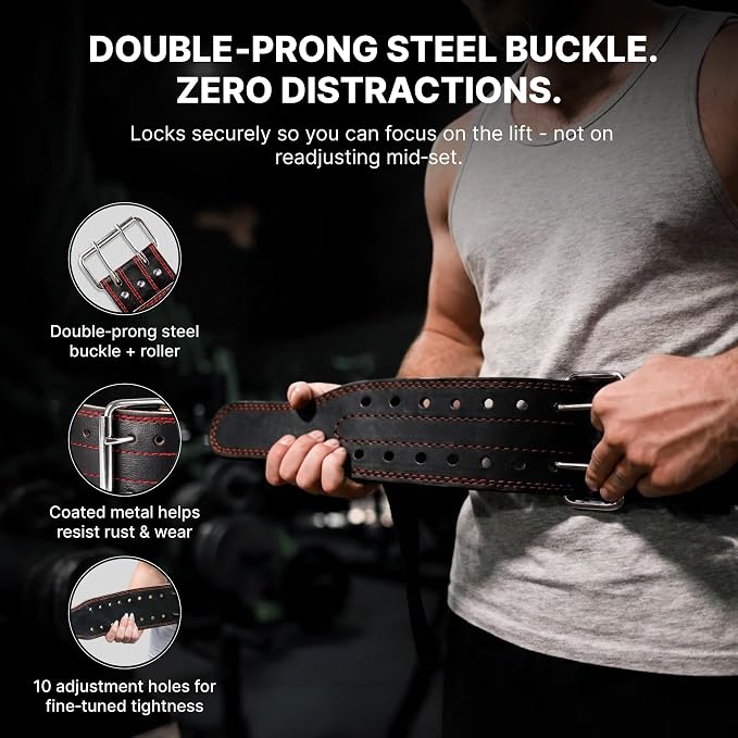 DMoose Fitness Weight Lifting Belt for Lower Back Support - 5mm Thick Genuine Leather Gym Belt for Deadlifts, Powerlifting & Squats - Double Prong Buckle - Men & Women
