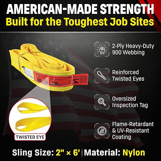 DD Sling (USA Made). 2" wide X (4' to 20' lengths) in Listing! 2 Ply Twisted Eye, Nylon Lifting Slings, Eye & Eye, Heavy Duty (900 webbing), 6,400 lbs Vertical, 5,100 Choker, 12,800 Basket Load Capacity (2inX6ft)