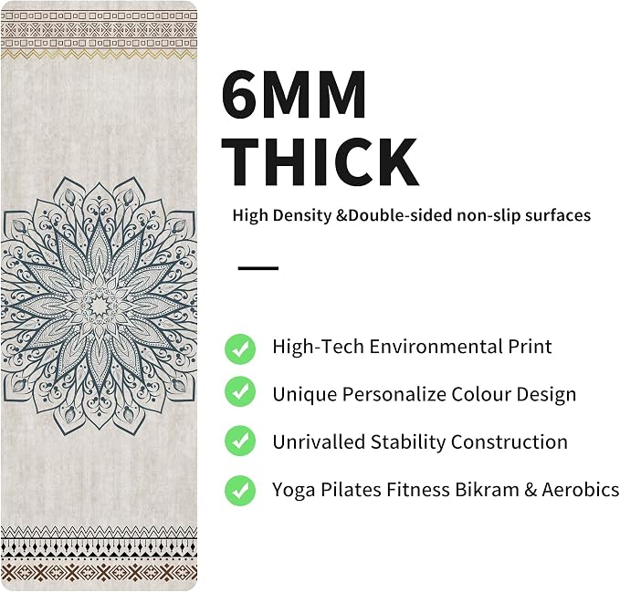 nuveti Yoga Mat Print Extra Thick TPE Non Slip Fitness Exercise Mat with Carrying Bag,72"x24" Extra Thick 6MM Exercise & Workout Mat for Yoga, Pilates Fitness and Floor Exercises