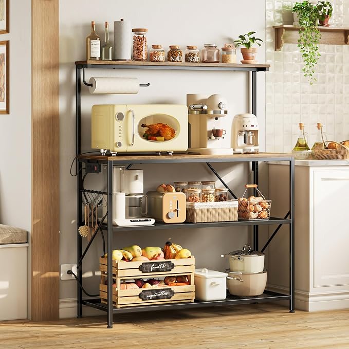 Huuger 4-Tier Bakers Rack with Reversible Power Outlet, 39.4 Inch Microwave Stand, Kitchen Coffee Bar, with Top Shelf, 6 S Hooks, Rustic Brown