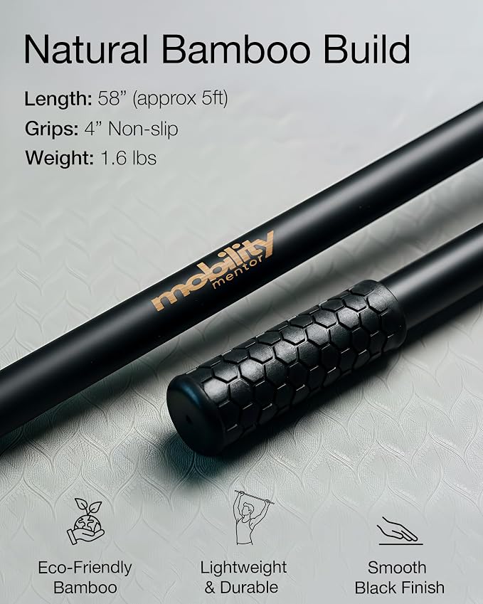 Yoga Stick - 5ft Bamboo Stretching Stick for Mobility, Flexibility, Balance with 20+ Video Tutorials, Stretching Equipment, Exercise Stick for Stretching, Posture Corrector, Physical Therapy Dowel Rod
