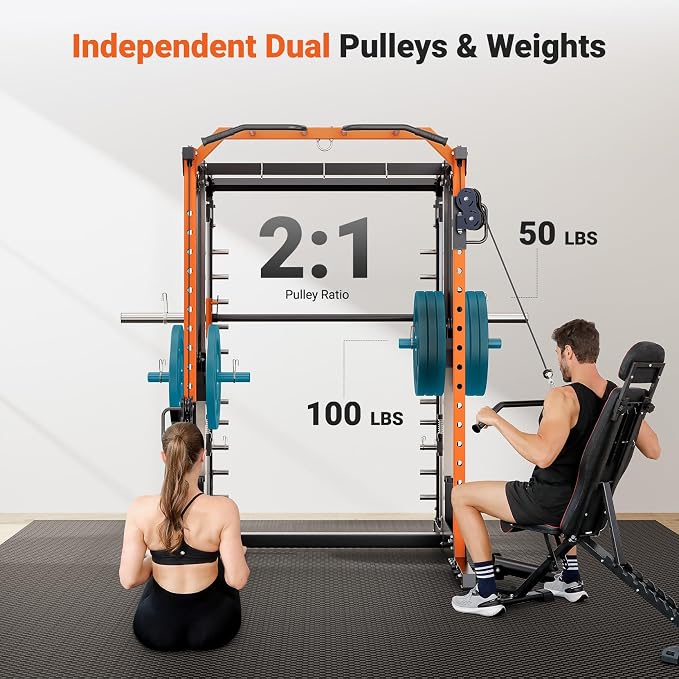 YOLEO Smith Machine & Squat Rack Combo, Multi-Functional Power Racks with Adjustable Width & Pull-Up Bar, Cable Crossover Power Cage, Independent Dual-Pulley System for Home Gym Garage Basement