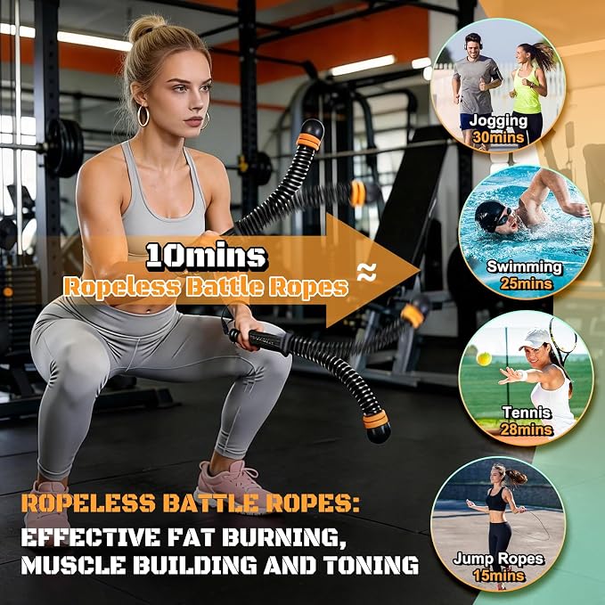 Cordless Battle Ropes, Adjustable Ropeless Battle Ropes for Home Gym | Portable Arm Fitness Equipment for Strength Training & Cardio, No Anchor Needed with Training Poster