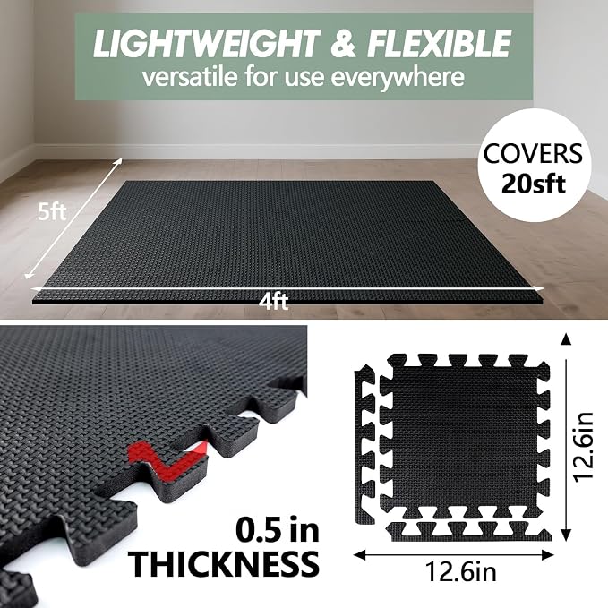 20 Sq Ft Interlocking Gym Floor Mats– 0.5in Thick High-Density EVA Interlocking Foam Floor Tiles – Puzzle Exercise Mat for Home Gym, Workout Equipment, Weightlifting, Kids Play Area (20 Tiles)